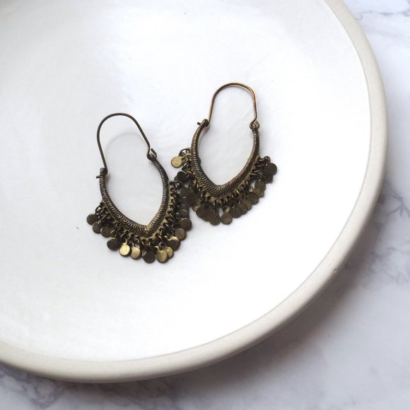 Brass Bohemian Drop Sparkly Oval Pointed Chandelier Hoop Sleeper Earrings - Picture 1 of 5